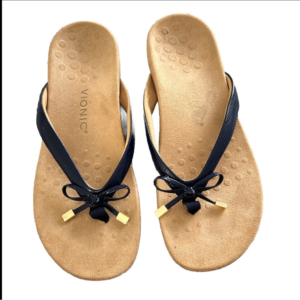 Vionic Bella II Navy Lizard Bow Thong Flip Flop Sandals.